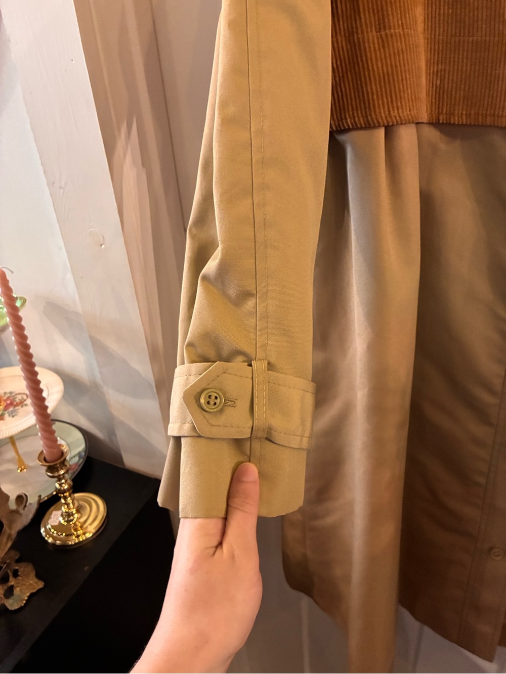 Women's Two-Tone Tan Trench Jacket with Corduroy Yoke - Picture 3 of 4